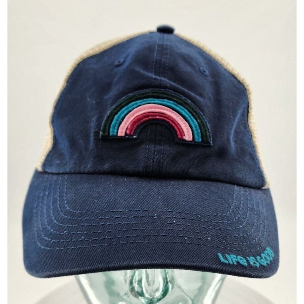 Life is Good Mesh Back Baseball Cap Rainbow Blue Bill Adjustable Snap Back Hat